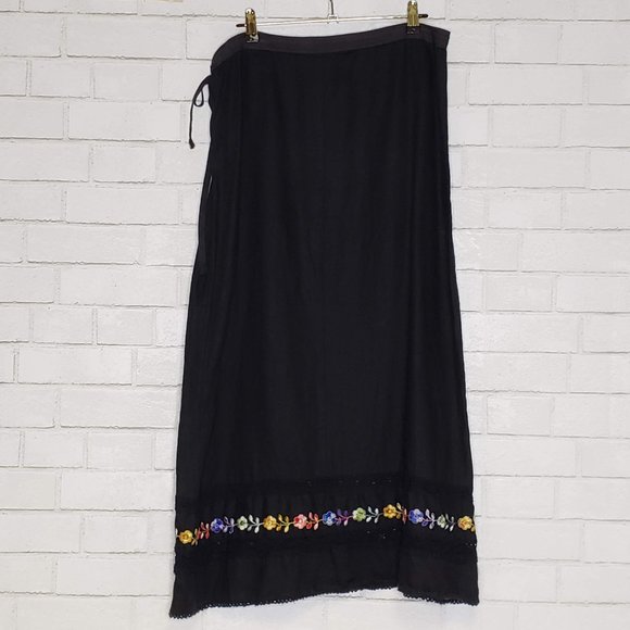 Johnny Was Black Linen Floral Tie Waist Maxi Skirt - Picture 2 of 3